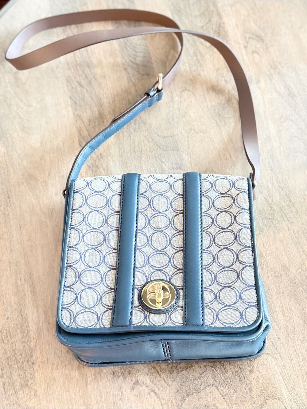 Oroton Blue Patterned Crossbody with Gold Turn-Lock